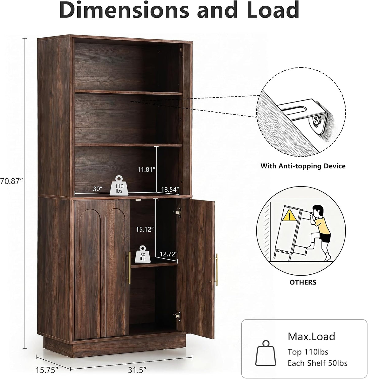 71" tall bookcase, 3-tier bookshelf with storage, walnut shown in use