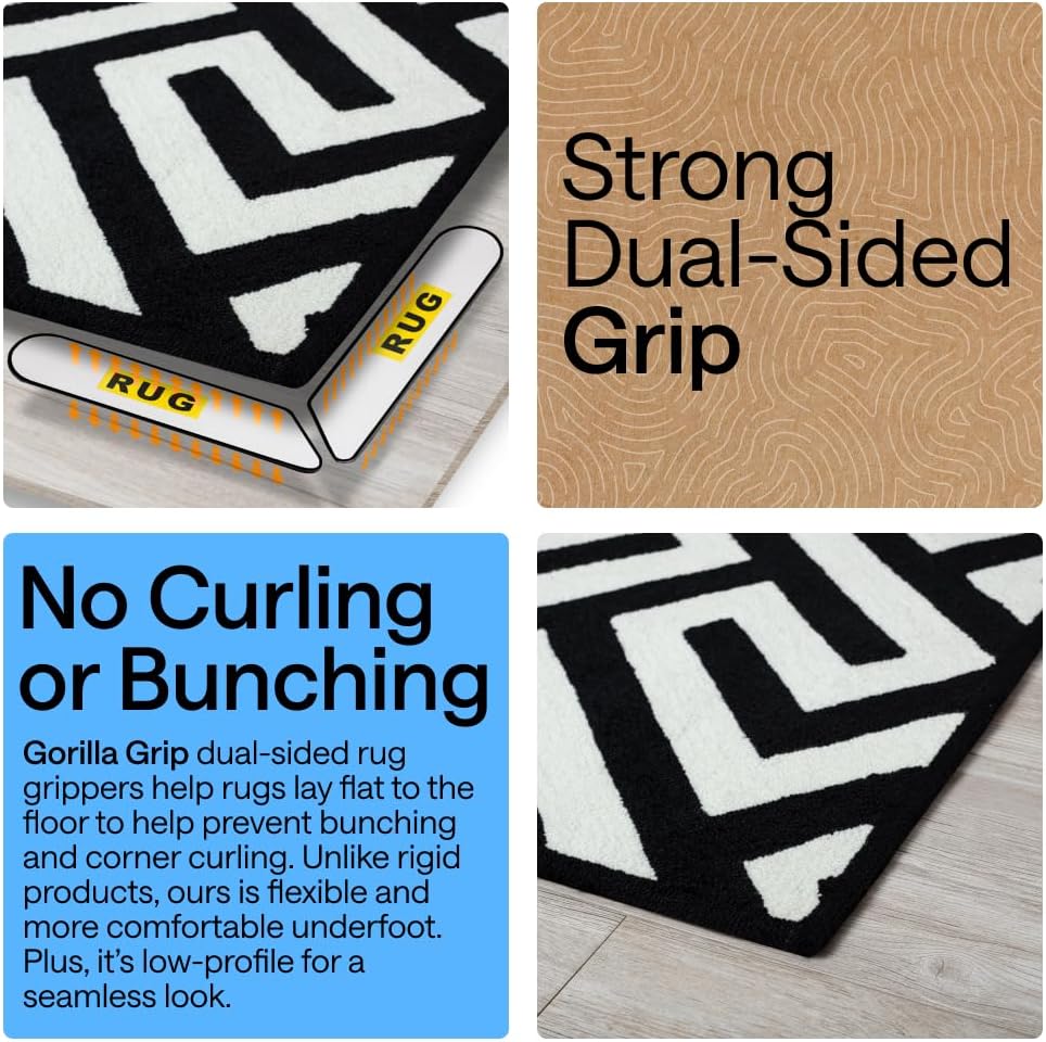 GORILLA GRIP® Rug Grippers, Extra Long Reusable Double-Sided Adhesives Pads Keep Area Rugs Corners Flat, Grips Hardwood, Tile and Laminate Floors, Renter Friendly, Holds Down Carpet in Place, 8 Pcs