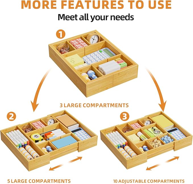 Marbrasse Bamboo Expandable Drawer Organizer, Desk Drawer Organizer Tray - Image 5