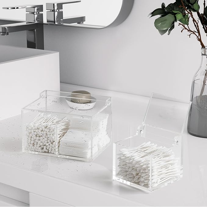 Clear Acrylic Qtip Holder With Lid Cotton Balls Swab Organizer, Square Q Tip - Image 3