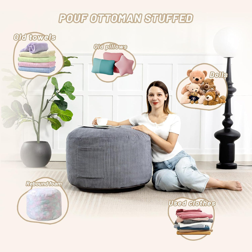 Round Stuffed Pouf Ottoman (Gray, 20" D x 20" W x 15" H)