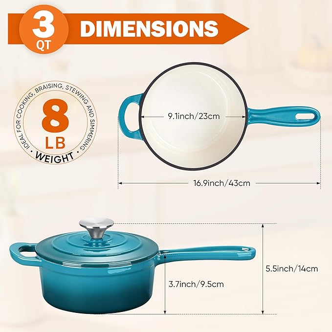 Homikit 3 Quart Saucepan with Lid, Enameled Cast Iron Saucepan