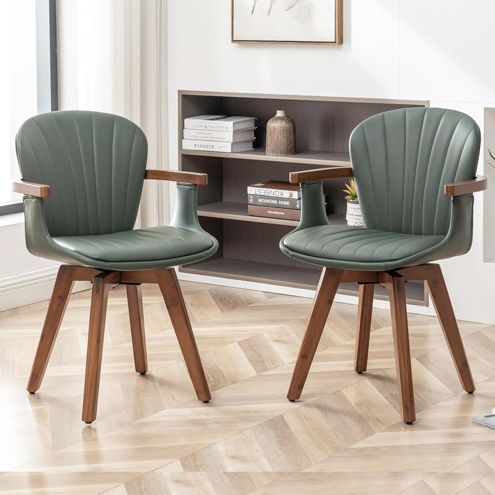 LUNLING Swivel Dining Room Chairs Set of 2, Mid Century Modern Green Faux Lea...