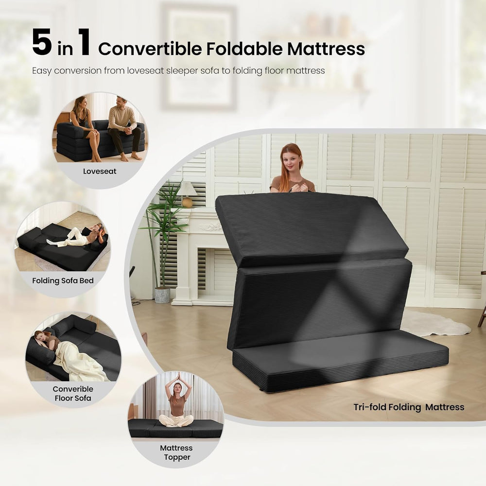 Tri-Fold Foldable Mattress, Convertible Folding Sofa Bed with Removable Arms ...