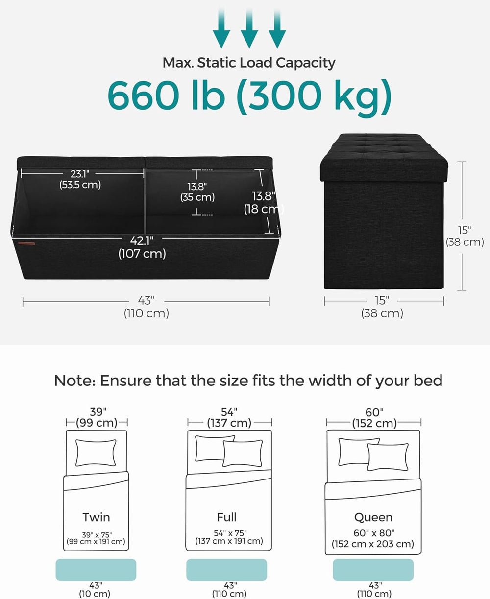 SONGMICS 43.3 Inches Folding Storage Ottoman Bench, Load 660 lb
