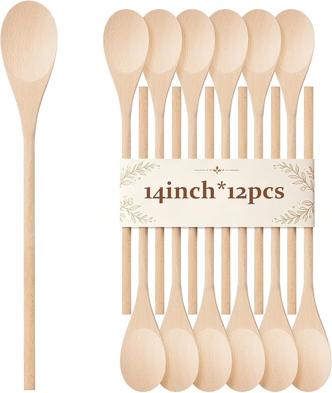 12 Pcs Wooden Spoons for Cooking, MORGLES 14-Inch Serving Spoons for Stirring by Morgles