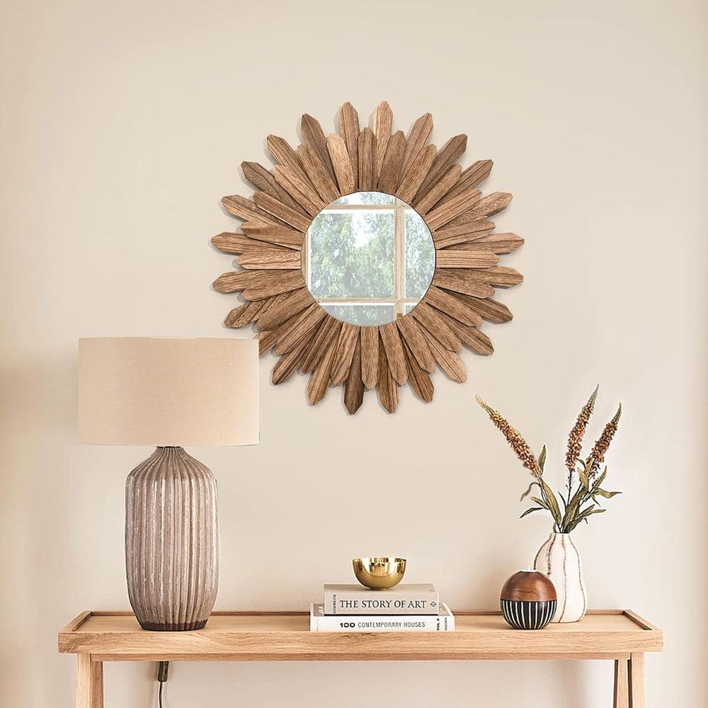 Honiway Mirror Wall Decor 21 inch Rustic Wood Boho Aesthetic Mirror for Room ...