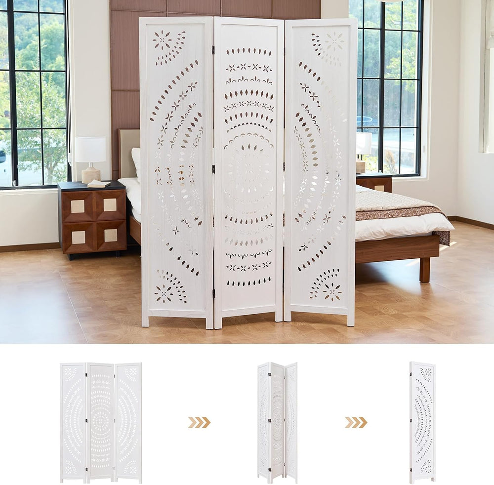 66.9Inch Folding Room Divider, 3 Panels Wood Carved Privacy Screens, Free Ass...