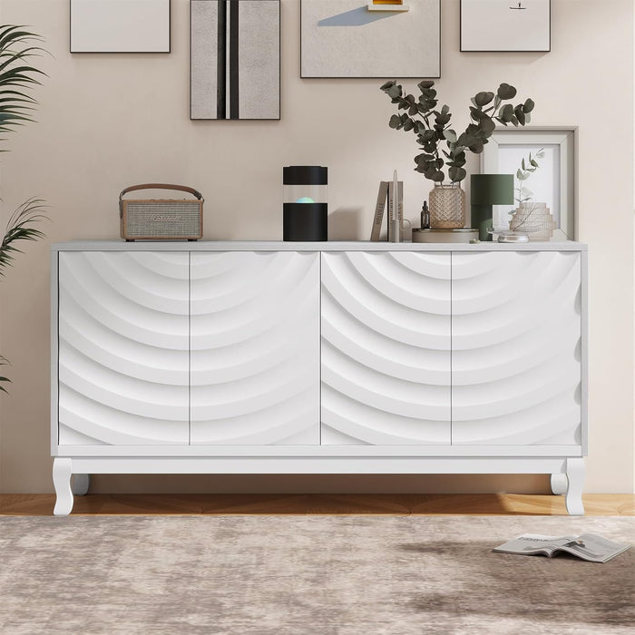 LKTART 59.84" Sideboard Buffet Storage Cabinet for Dining Room, Wavy Pattern Fluted Console Table Pressed Spring 4 Doors Cabinet Sideboard for Living Room Kitchen Hallway Entryway (White)