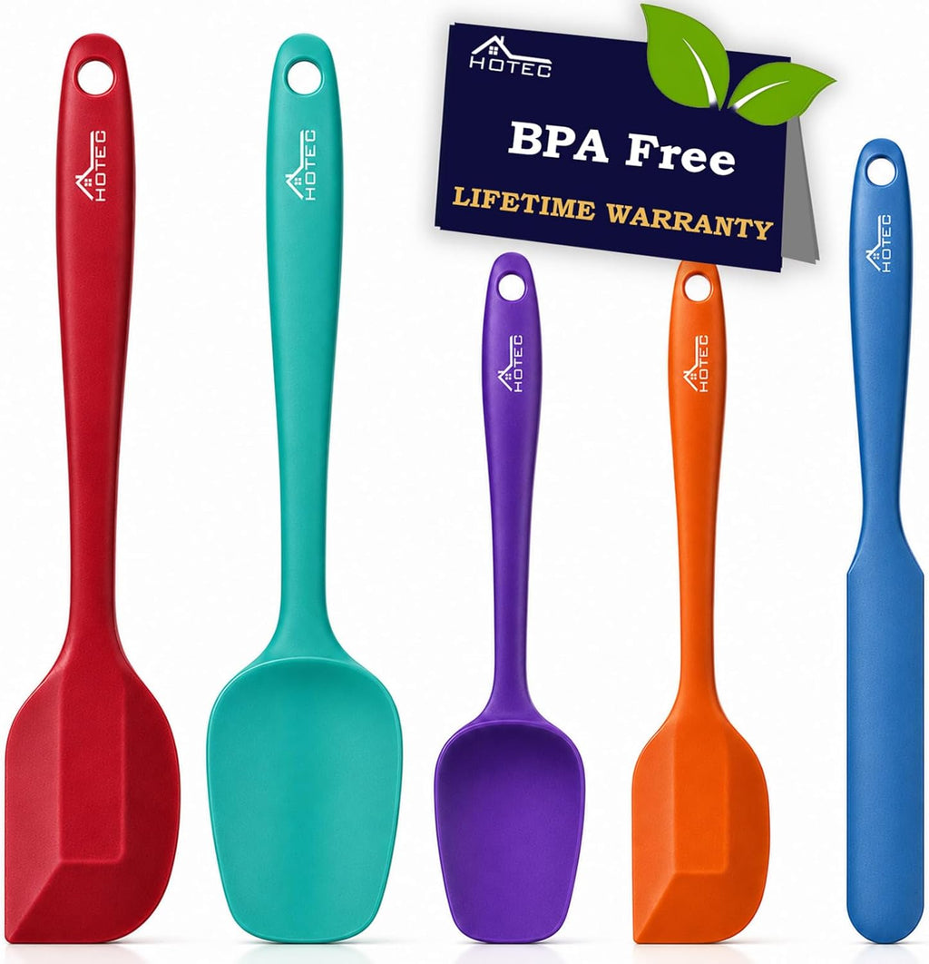 HOTEC Heat Resistant 600℉ Food Grade Silicone Rubber Spatula Set for Baking, Cooking, and Mixing Non Stick Dishwasher Safe BPA-Free Multicolor Set of 5