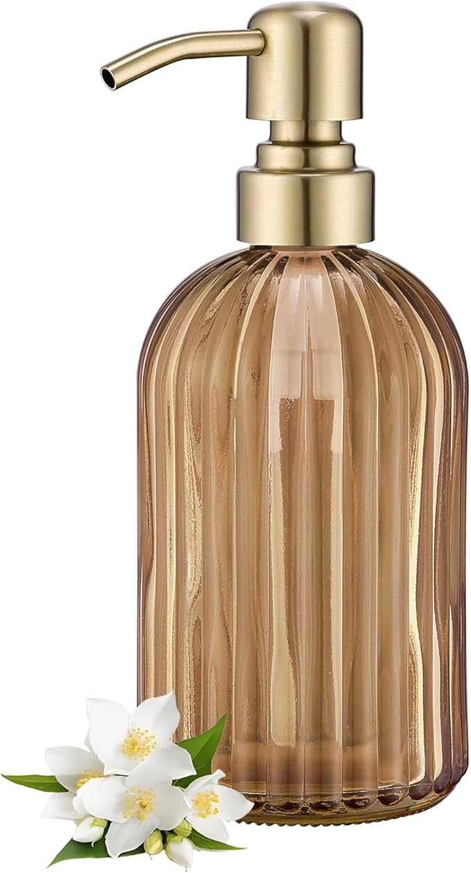 16 OZ Amber Glass Soap Dispenser, Amber Stripe Bathroom Hand Soap Dispensers by LEETCPHOME
