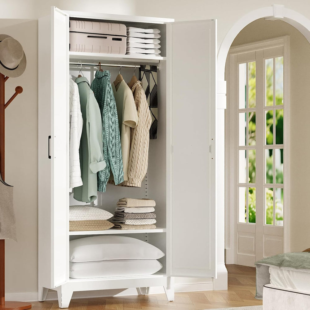 75"Tall Metal Armoire Wardrobe Closet with Hanging Rod & 2 Shelves