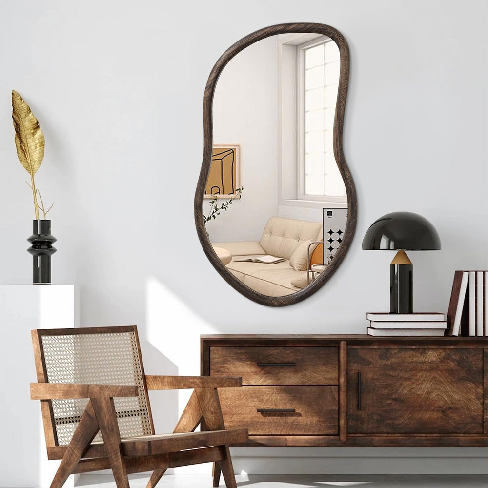 Asymmetrical Wall Mirror Rustic Brown Farmhouse Irregular Mirrors Wood Framed...