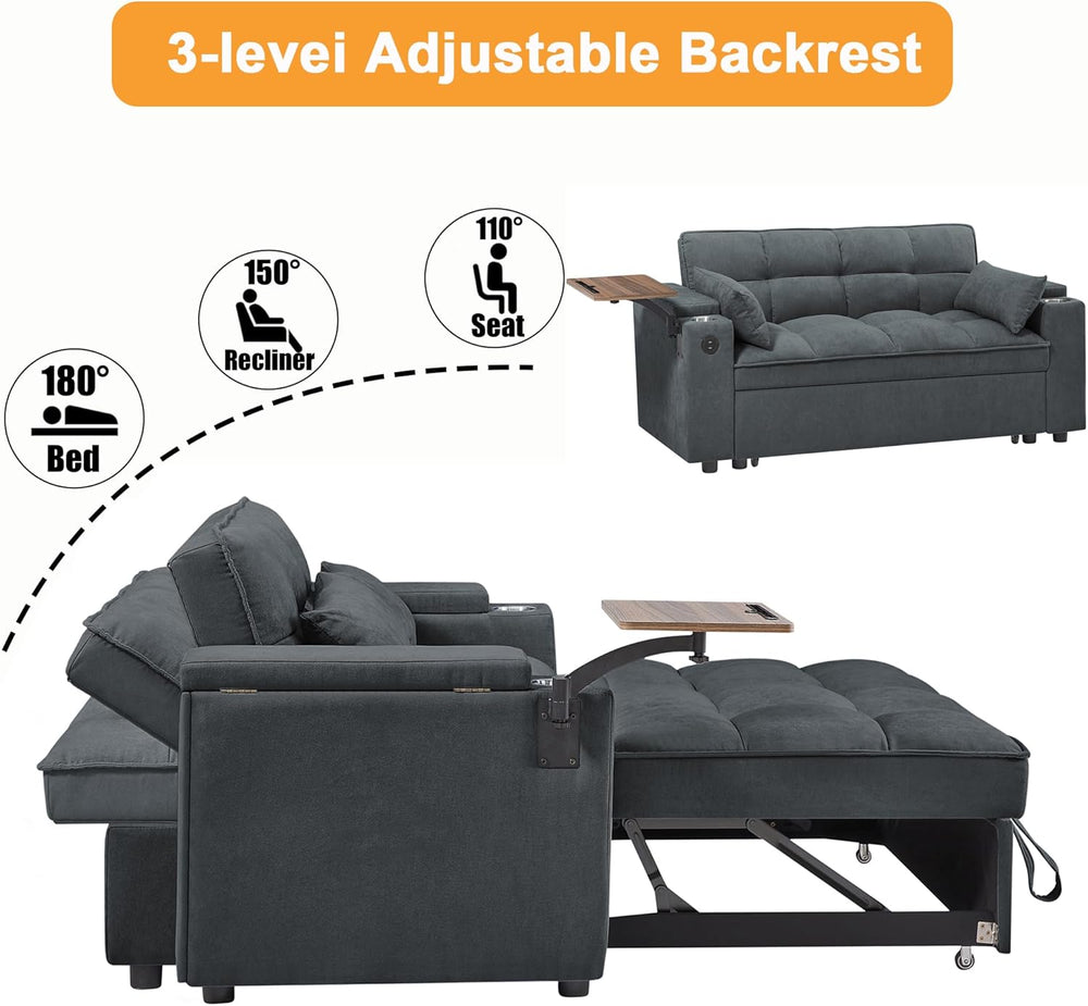 hansones 66" Multi-Functional Pull-Out Sofa Bed with Hidden Side Table, ...