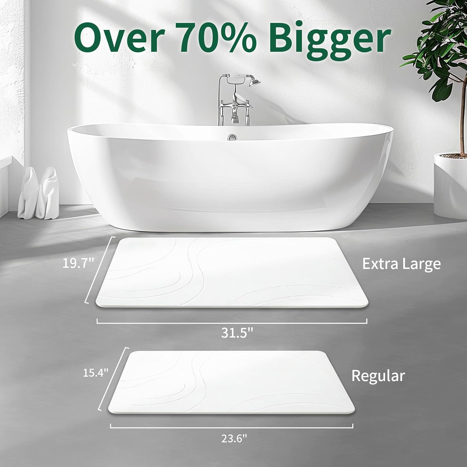 Extra Large Stone Bath Mat, Diatomaceous Earth Mat, 31.5"x19.7" | Super Absorbent, Modern Quick Drying Diatomite Bathmats, Non-Slip Base, Easy Clean for Shower Floor & Bathroom (White)