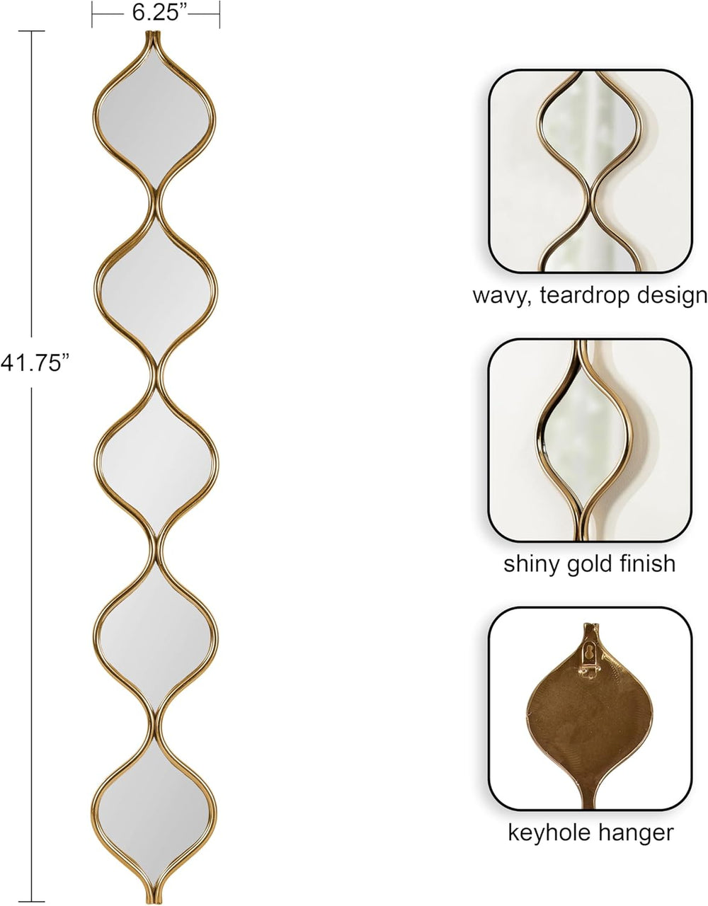 Kate and Laurel Loxi Slim Teardrop Panel Wall Mirror, 7 x 42, Gold, Glam Tall...