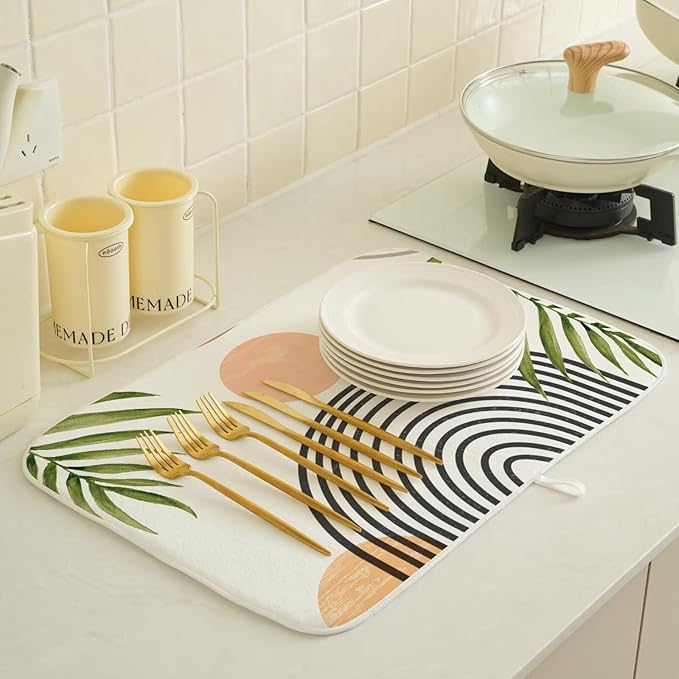Boho Mid Century Dish Drying Mat 18 x 24 inch, Summer Abstact Coral Sunset - Image 4