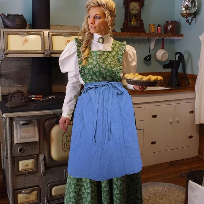 Cotton Linen Half Apron for Women Vintage Waist Apron Ruffle Plain Bright Color - Image 5