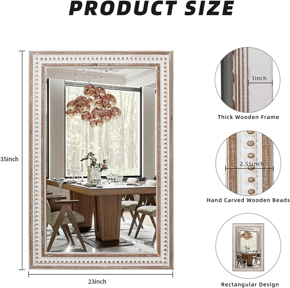 35x23 Inch Wood Rectangle Wall Mirror, Rustic Farmhouse Decorative Mirrors