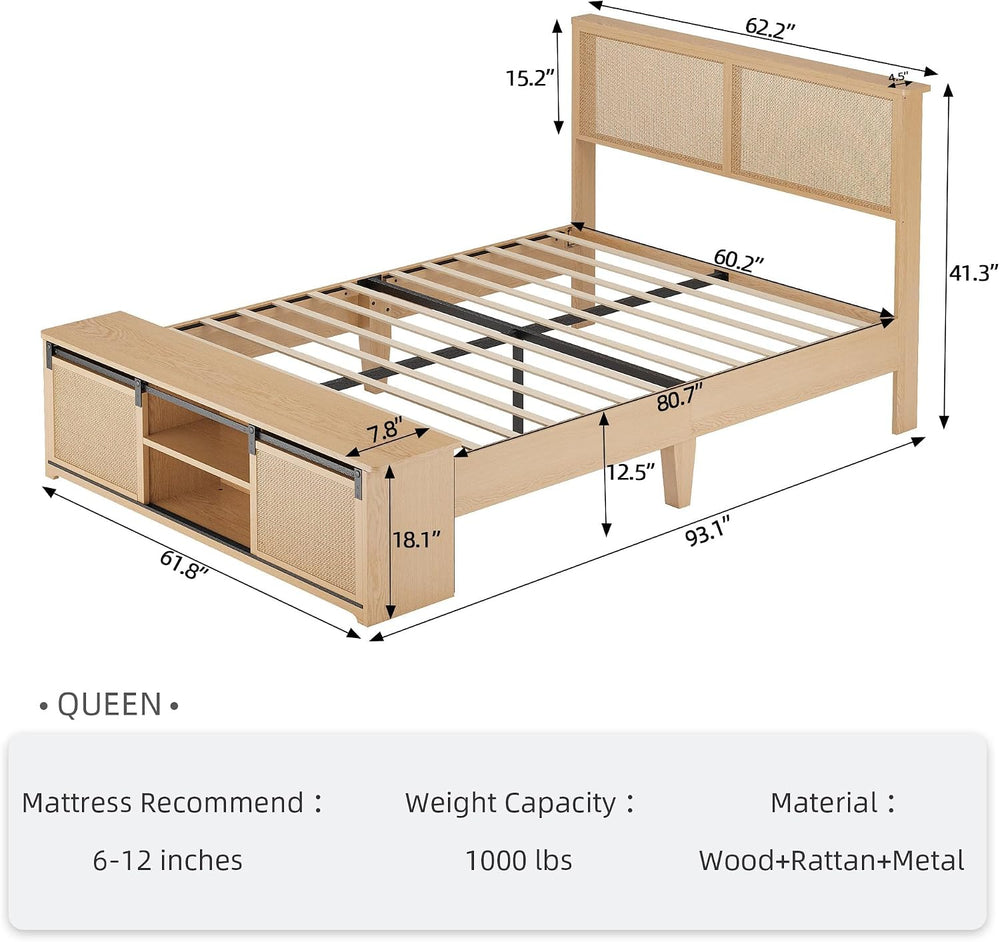 GarveeHome Natural Rattan Queen Size Bed Frame with Storage Cabinets