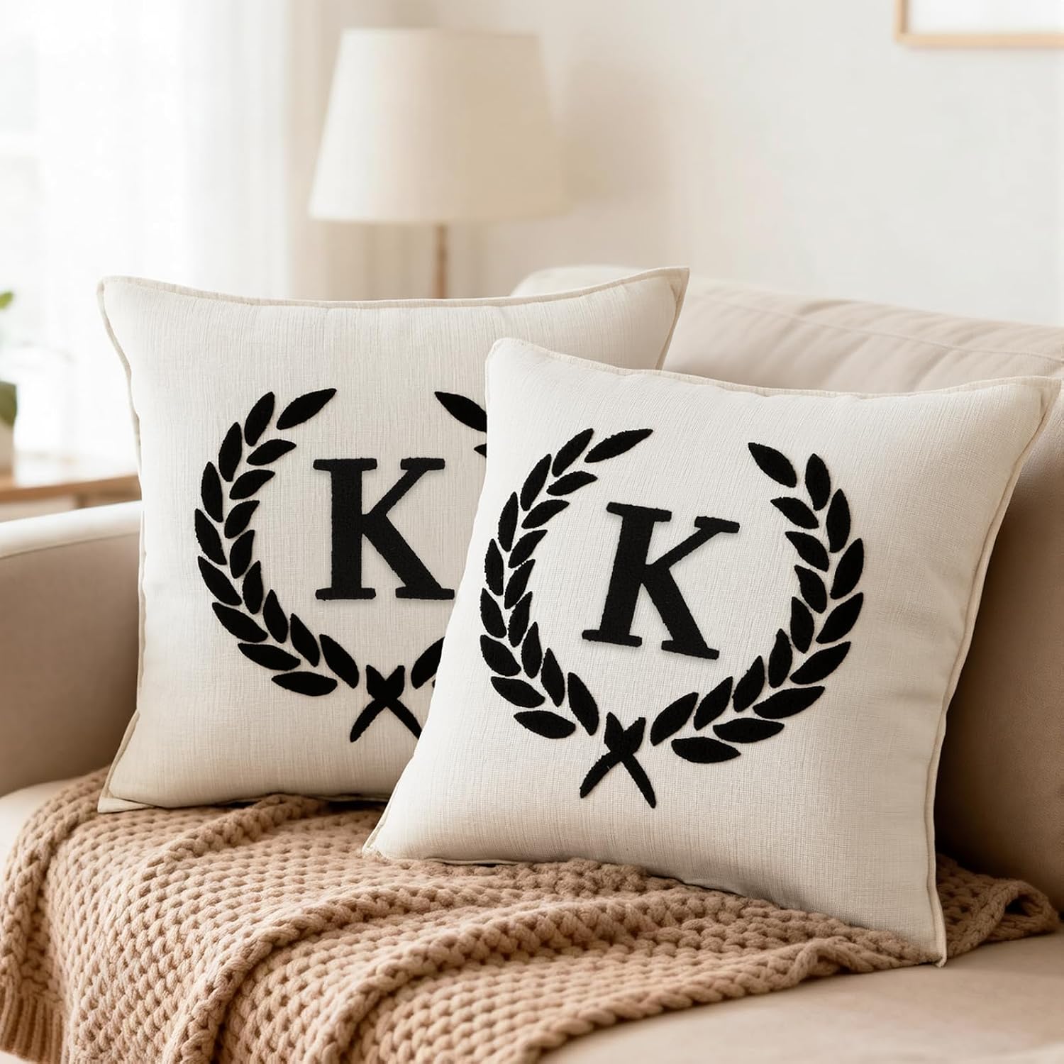 Pack of 2 Chenille Initials Pillowcases 18x18 inch Cream White | Bohemian Farmhouse Neutral Personalized First Letter Embroidery Cushion pillow Soft Sofa Bedrooms Living Room Home Decoration