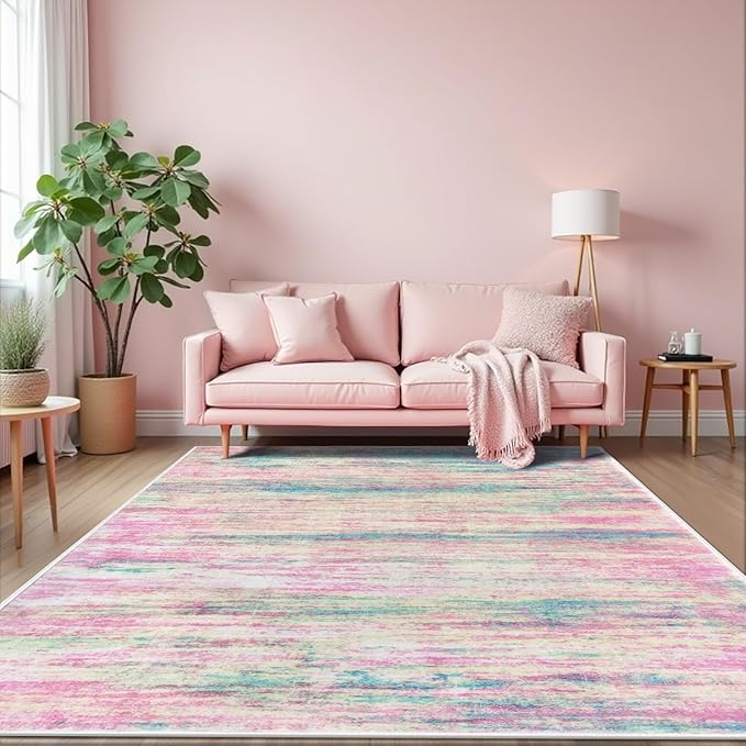 KOZYFLY Pink Nursery Rug for Baby Girl, Washable Thin Area Rugs 5x7 for Kids by KOZYFLY