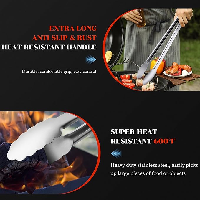Grill Tongs - 12 Inch & 17 Inch Extra Long BBQ Tongs, Heat Resistant Stainless - Image 3