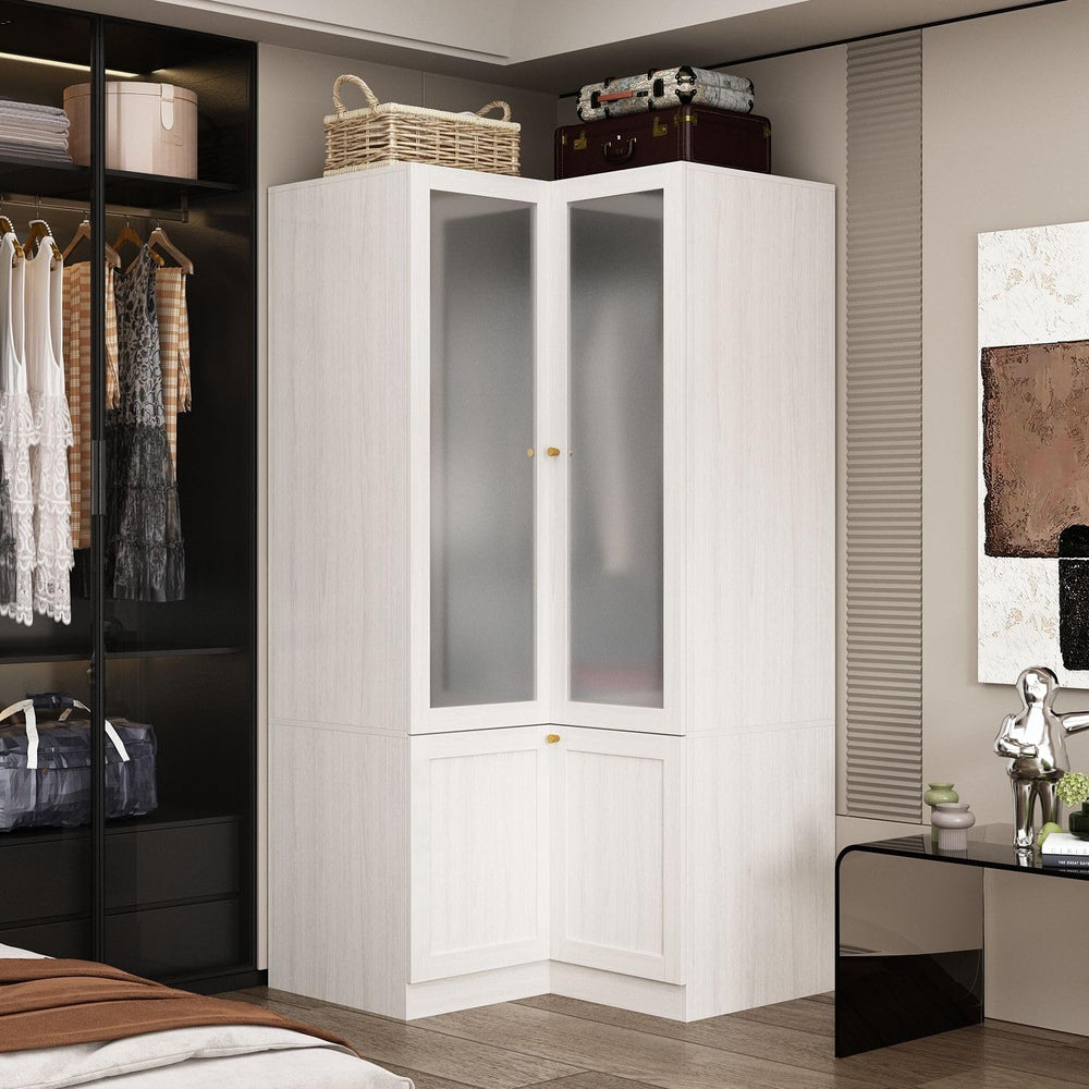 MOUMON Corner Wardrobe, L-Shaped Modern Bedroom Armoires with Frosted Glass D...