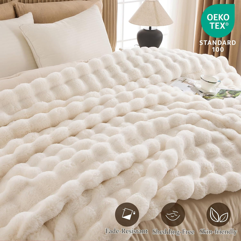 Cozy Bubble Faux Fur Twin Blanket for Couch, 60x80 Cream | Luxury Plush Fluffy Thick Blanket, Warm Soft Fuzzy Throw for Sofa Chair Bedroom and Living Room