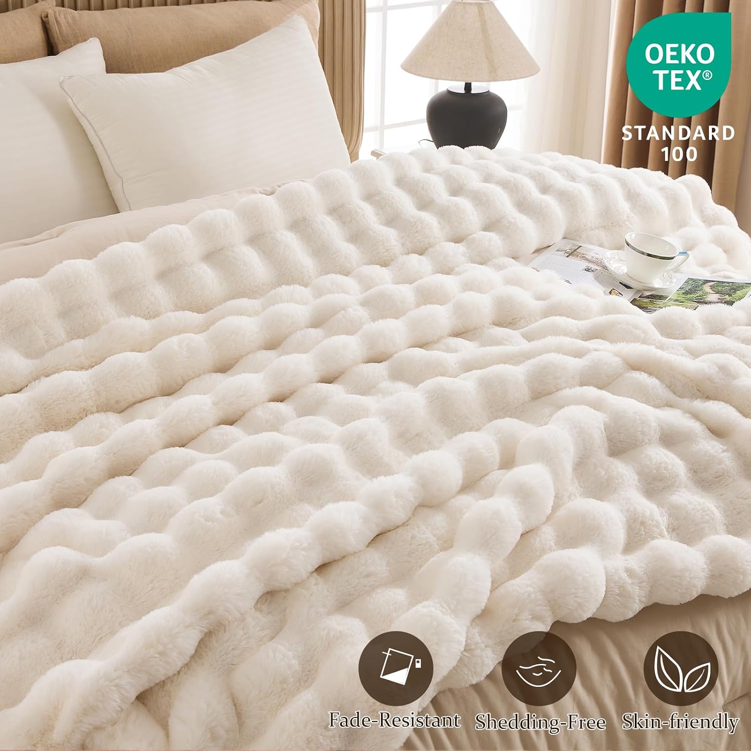 Cozy Bubble Faux Fur Twin Blanket for Couch, 60x80 Cream | Luxury Plush Fluffy Thick Blanket, Warm Soft Fuzzy Throw for Sofa Chair Bedroom and Living Room