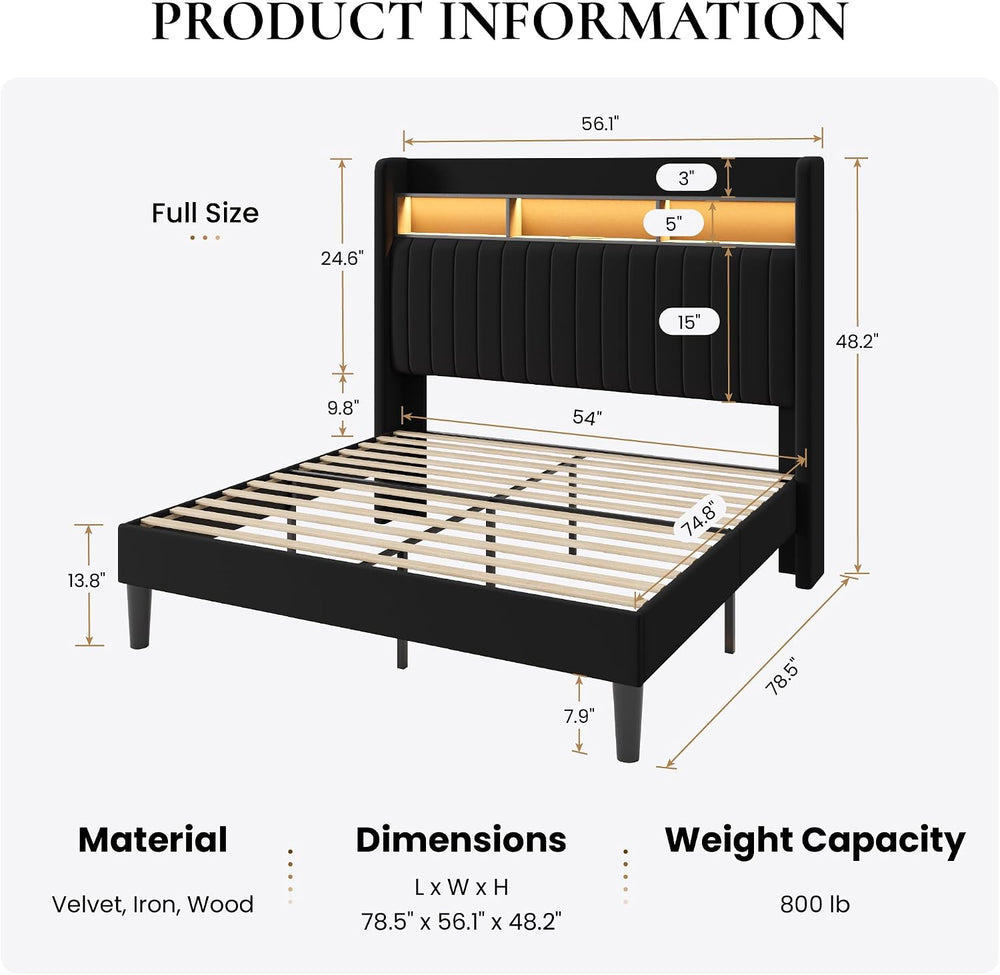 SHA CERLIN Full Size Platform Bed Frame / 2-Tier Storage Shelf/Velvet Wingbac...