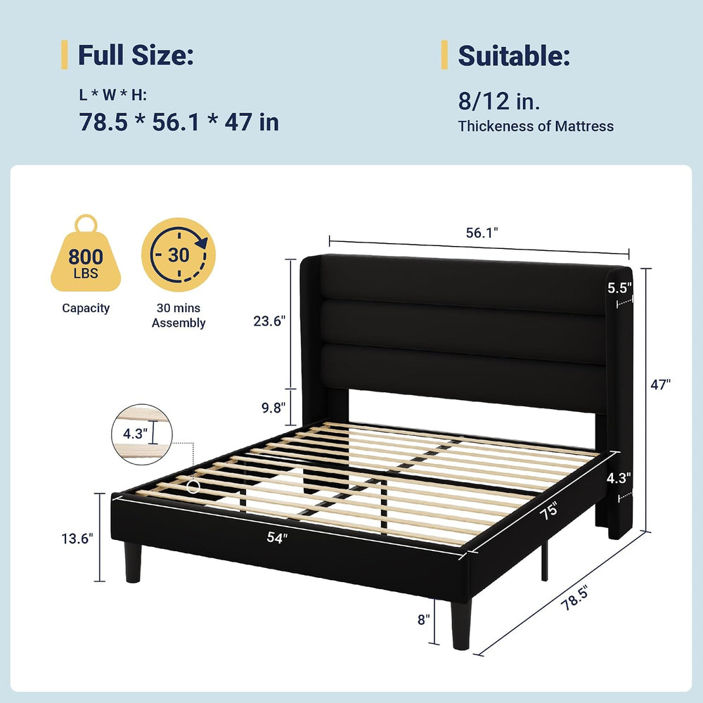 Allewie Full Size Platform Bed Frame with Velvet Upholstered Wingback Headboa...