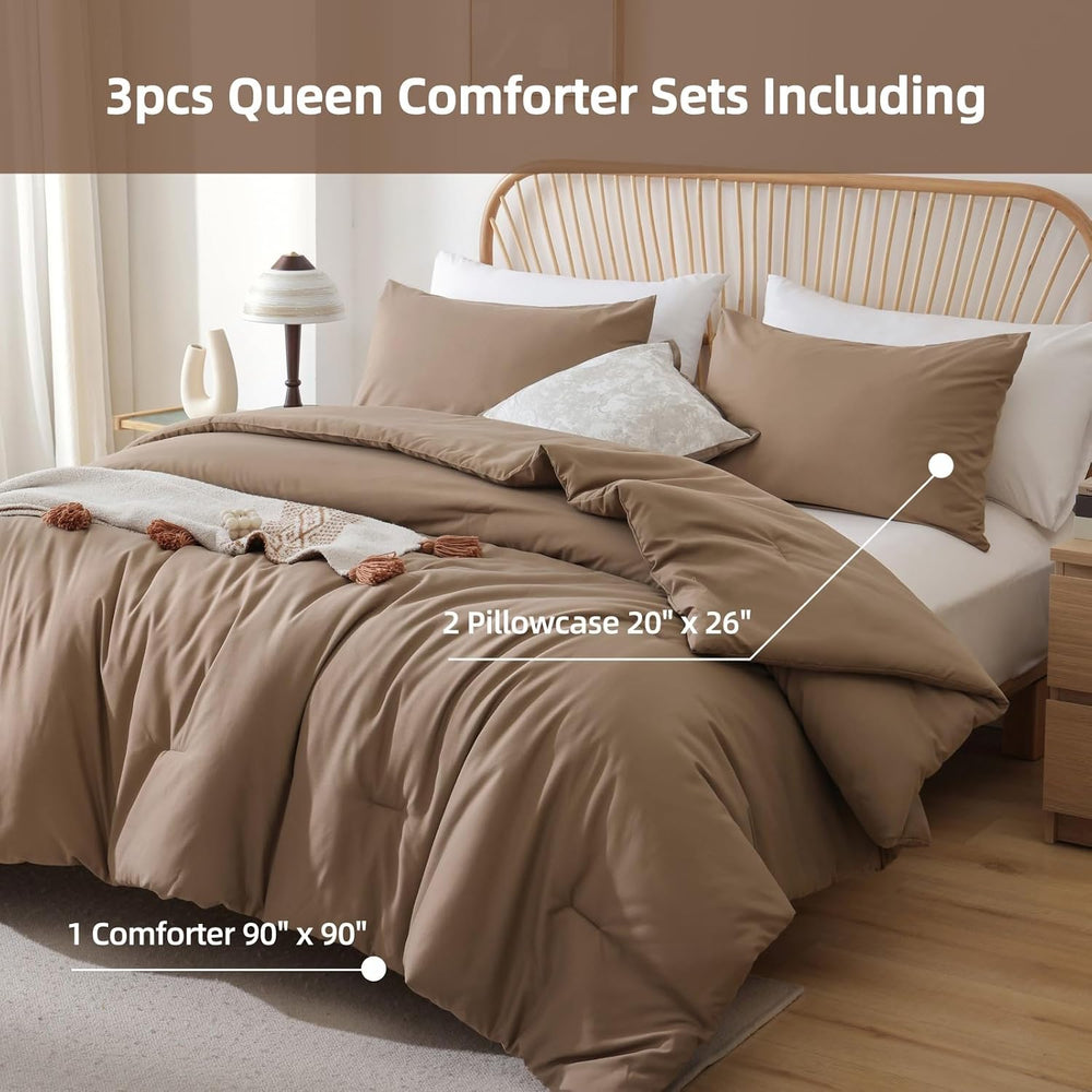 ROSGONIA Queen Comforter Set, Dark Khaki, 3 Pieces Soft Bedding Quilt