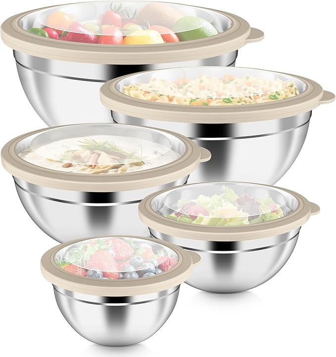 P&P CHEF Mixing Bowls with Visible Airtight Lids Set of 5, 10-Piece Stainless by PPCHEF