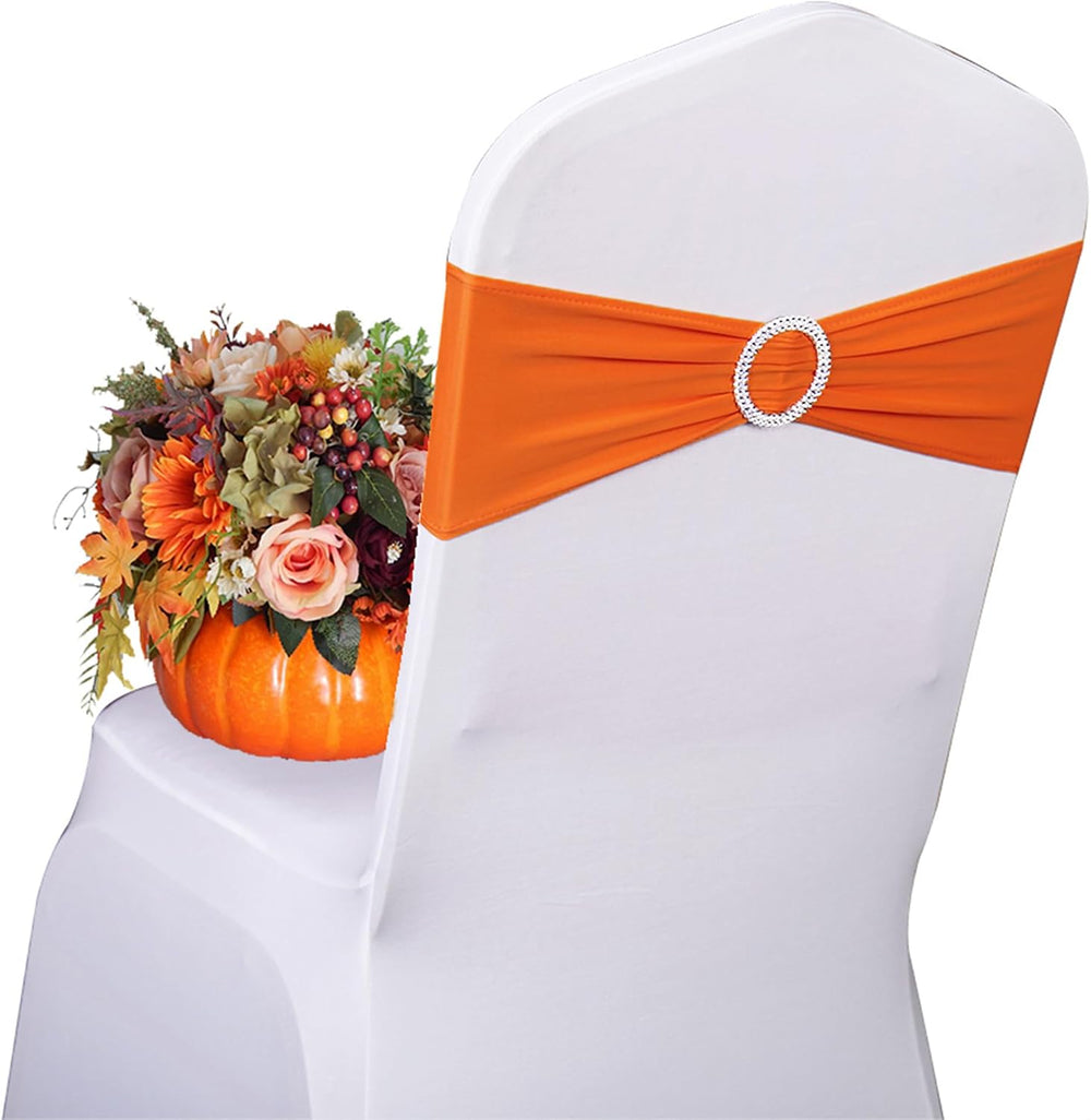 50 Pack Spandex Orange Chair Sashes for Wedding Stretch Chairs Bows Bands wit...
