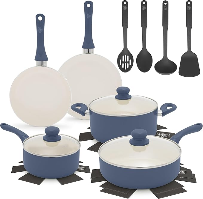 GreenLife 16-Piece Nonstick Cookware Set, Non-Toxic Ceramic Pots and Pans Set