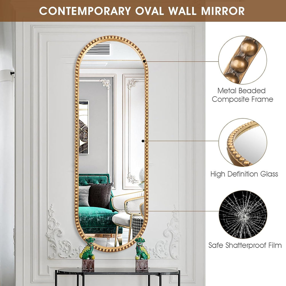 Oval Full Length Mirror, 16"x47" Metal Beaded Frame Large Hanging D...