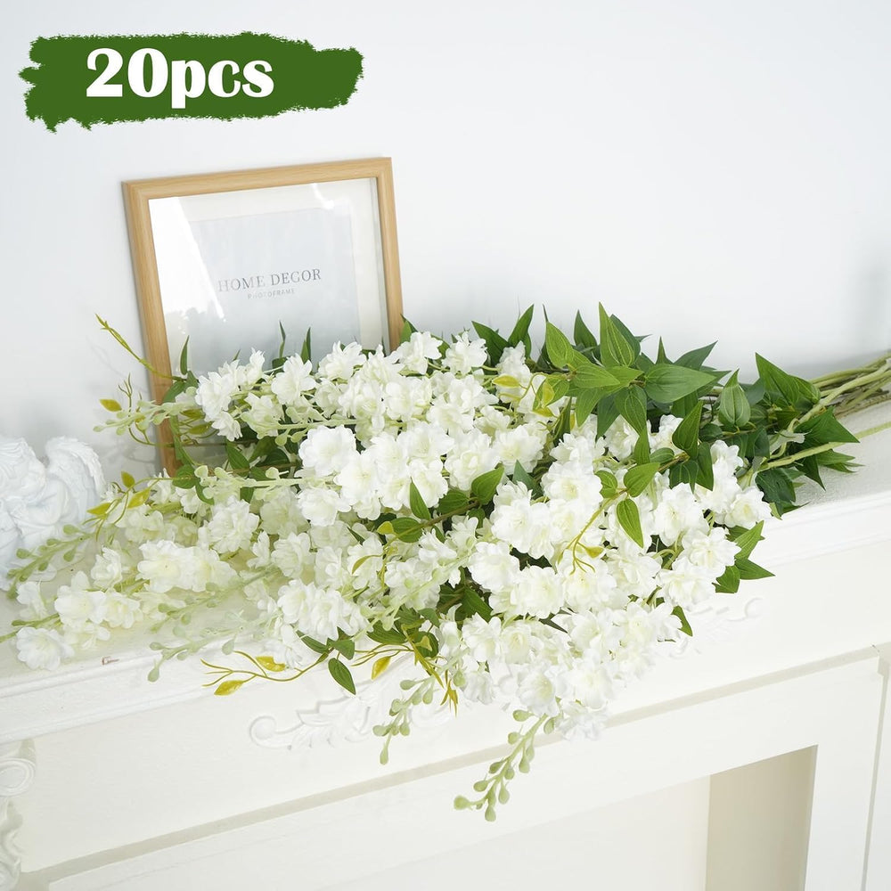 20PCS 33.5" White Artificial Delphinium Flowers with Clematis Greenery
