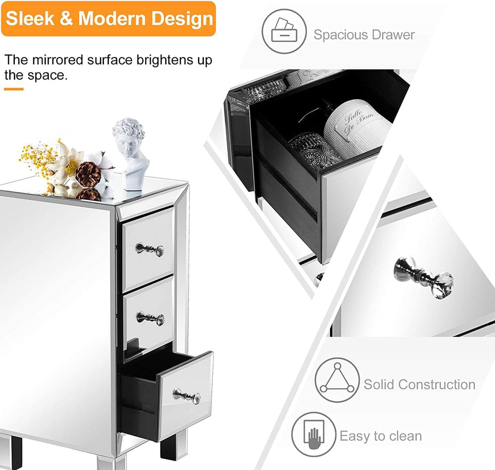 Bonnlo 3-Drawer Mirrored Nightstand Set of 2, End Table, Bedside Table, Glass...