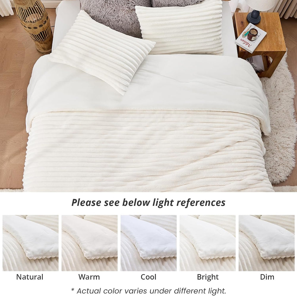 Sasttie Fluffy Queen Comforter Set, 3 PC Soft Fleece Bedding, Cream White