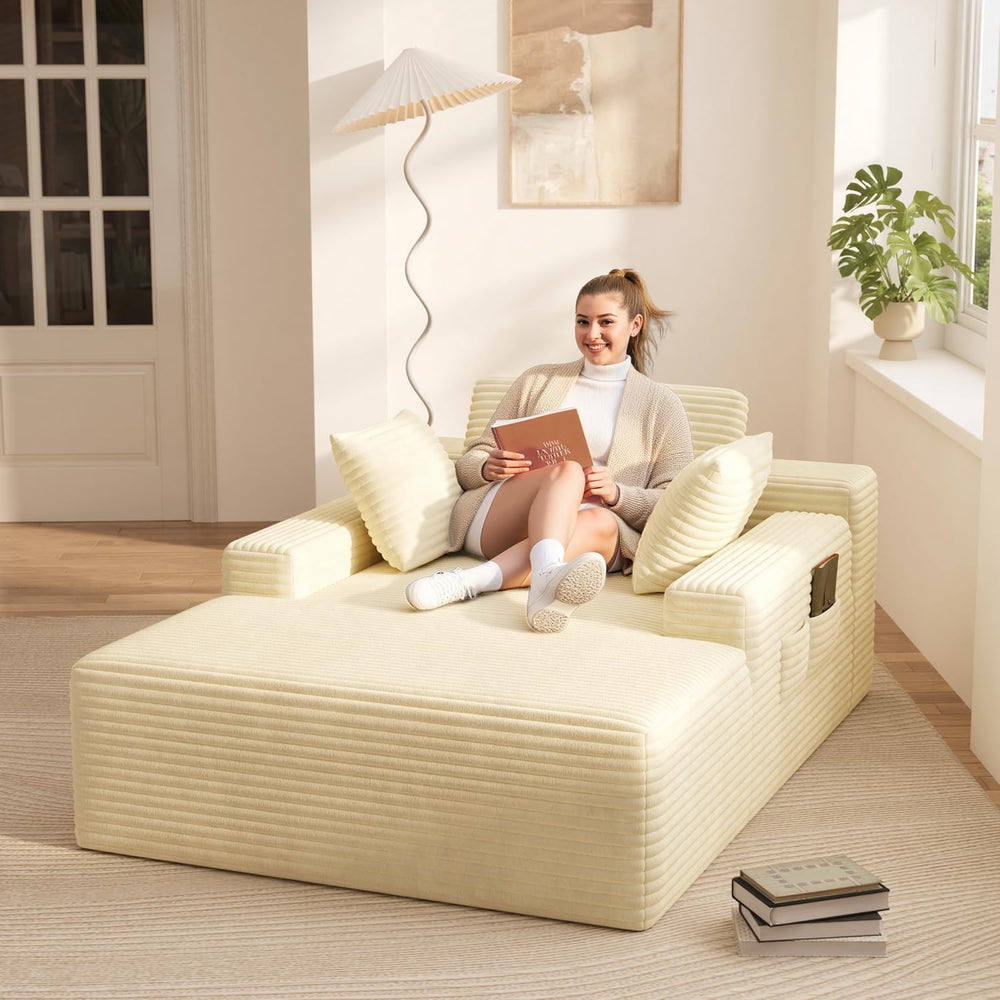 67" Boneless Chair, Chaise Lounge Chair Indoor with 3 Pillows, Beige
