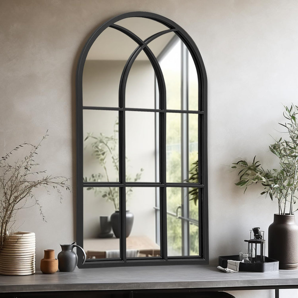 Dewfig Arched Window Wall Mirror, 42"x24" Windowpane Mirror, Black