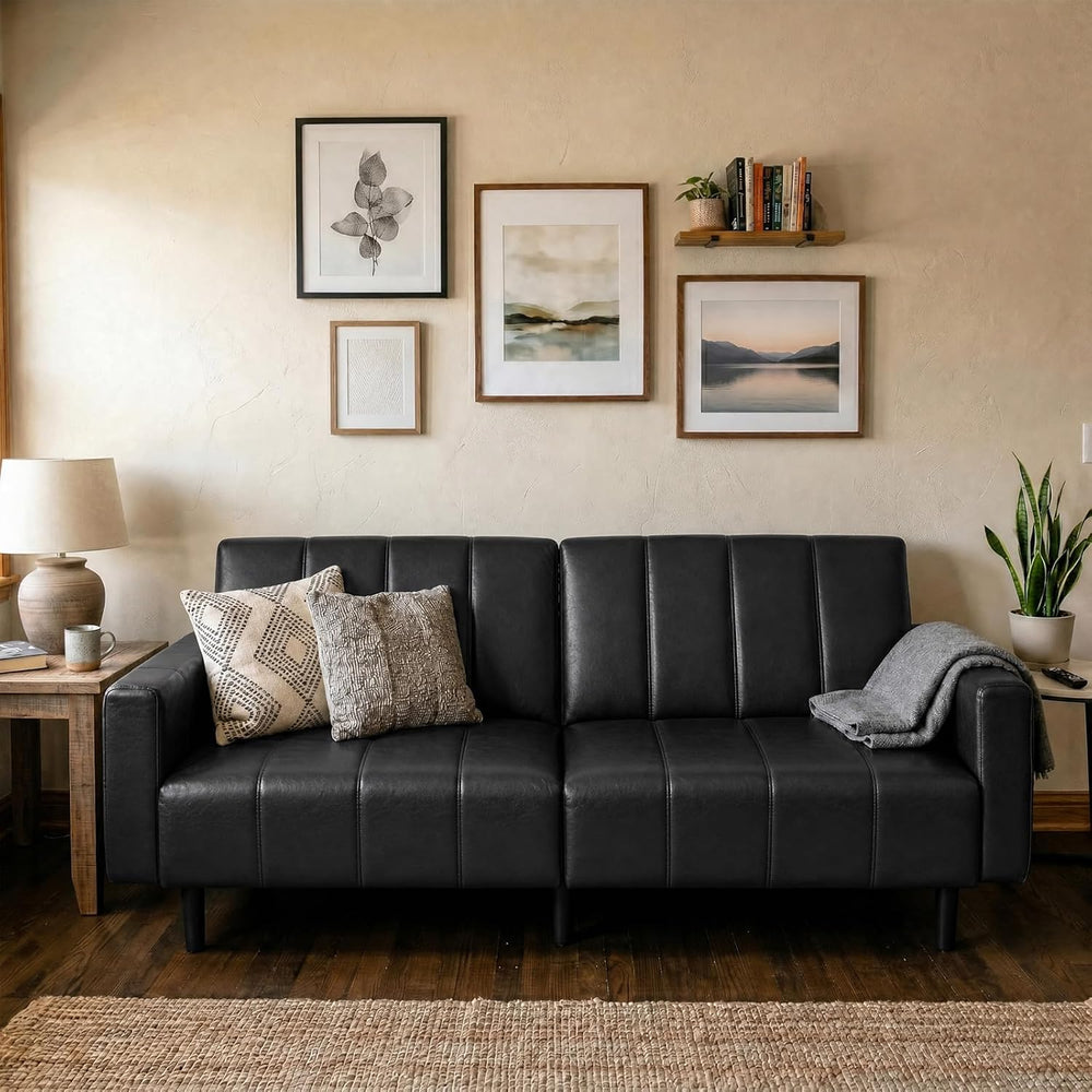 77" Mid Century Modern Faux Leather Couch, Black Leather Sofa Bed