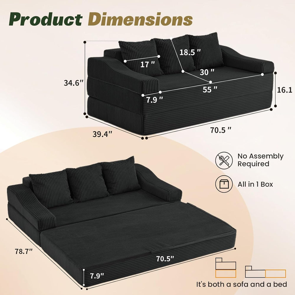 Apicizon 78.7" Folding Convertible Sofa Bed, Boneless Sleeper Sofa Couch...
