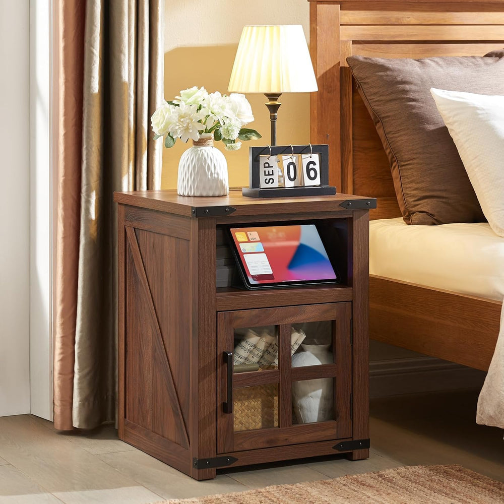 Farmhouse Nightstand with Charging Station, Rustic End Table with Tempered Gl...