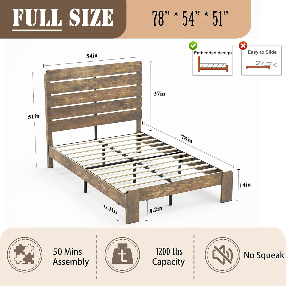 Wooden Full Size Bed Frame with Linear Headboard, Rustic Platform