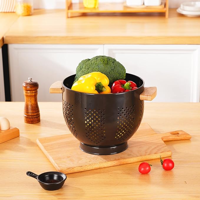Metal Colander with Wood Handle and Stable Base, Powder Coated Steel Kitchen