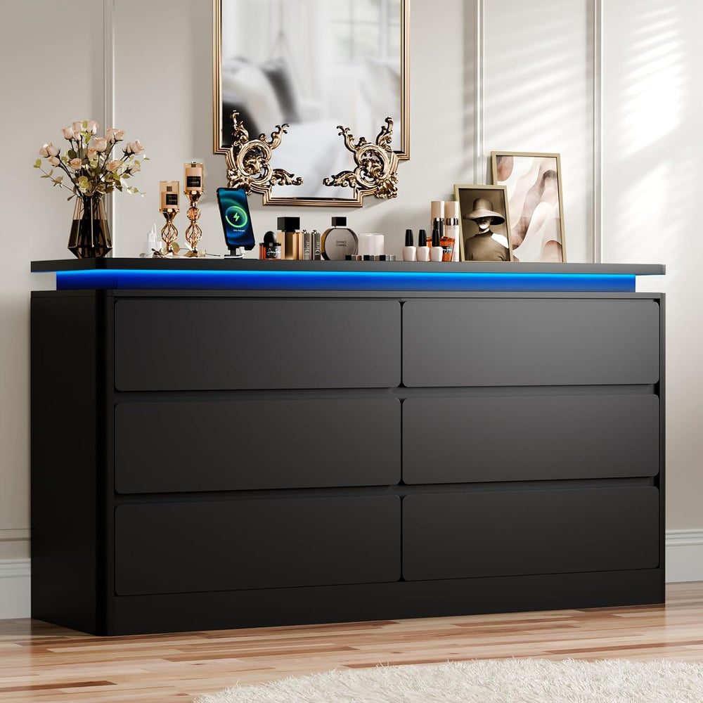 6 Drawer Dresser for Bedroom, 47.24" Black Chest of Drawers w/LED Lights