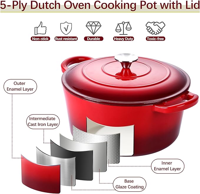 E-far Dutch Oven Pot with Lid, 5 Quart Enameled Cast Iron Round Dutch Oven
