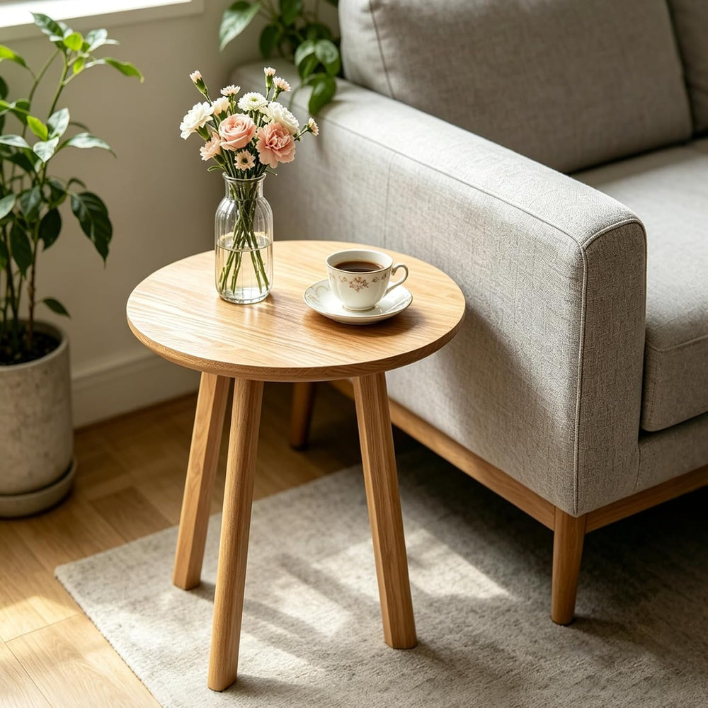 Natural Oak Round Side Table, End Table with 3 Legs